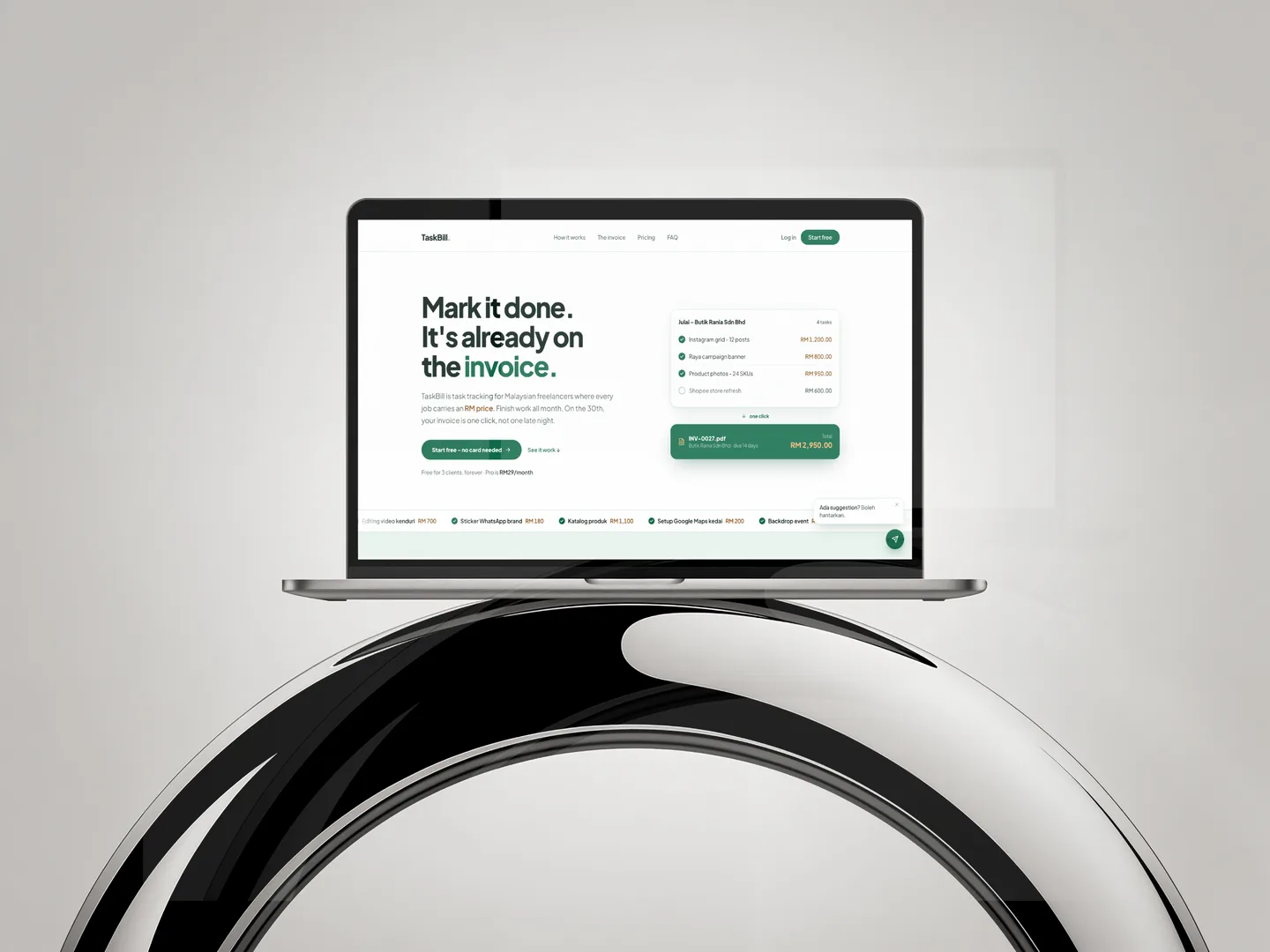 Taskbill Invoice Next.js web app mockup: an invoicing dashboard headed “Mark it done. It’s already on the invoice.”