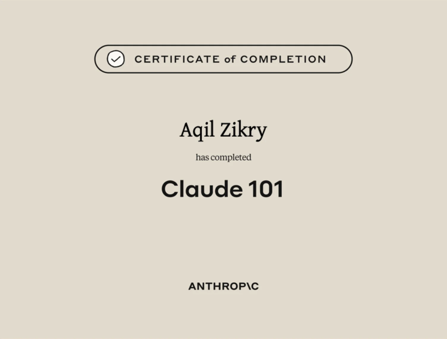 Claude 101 certificate, issued by Anthropic