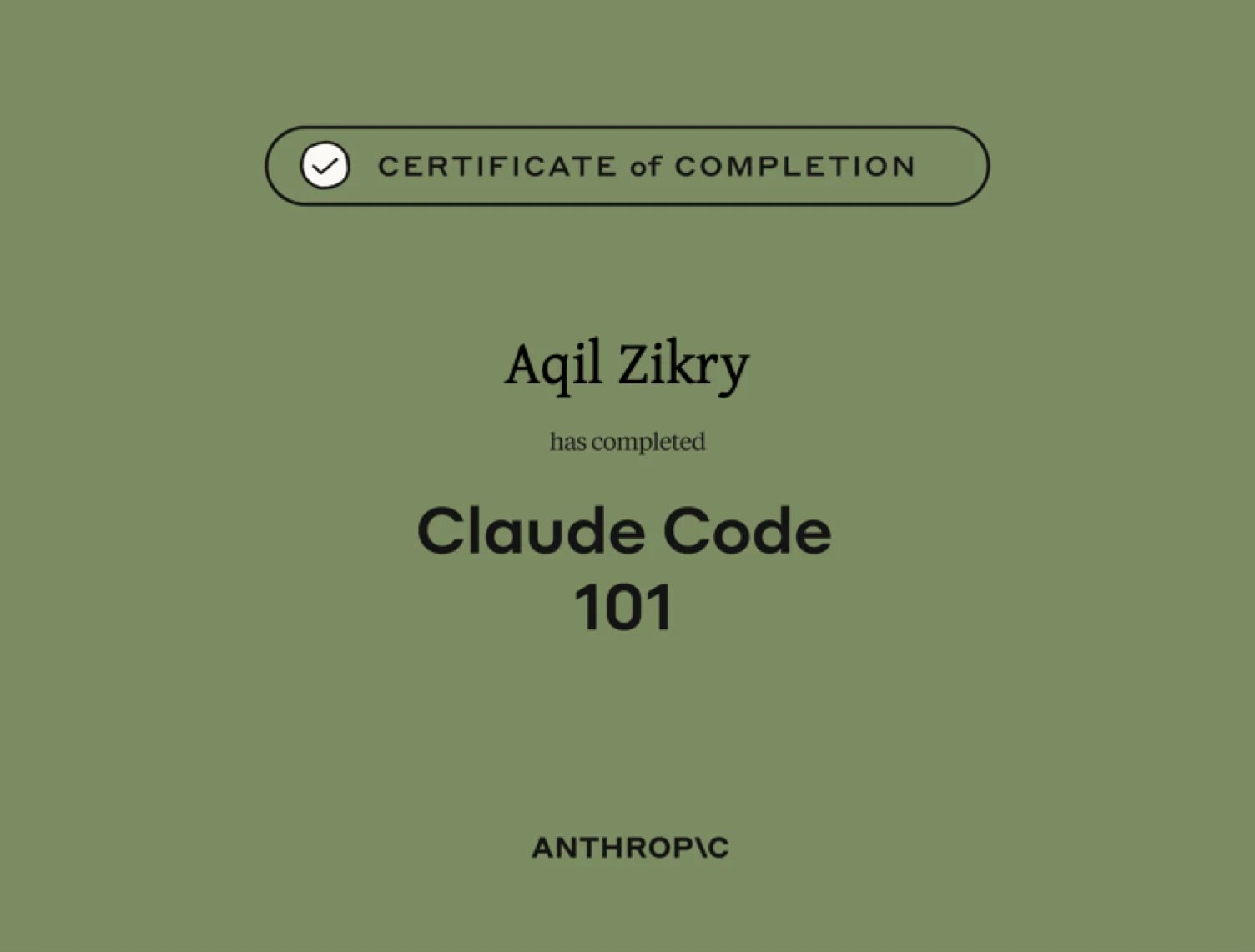 Claude Code 101 certificate, issued by Anthropic