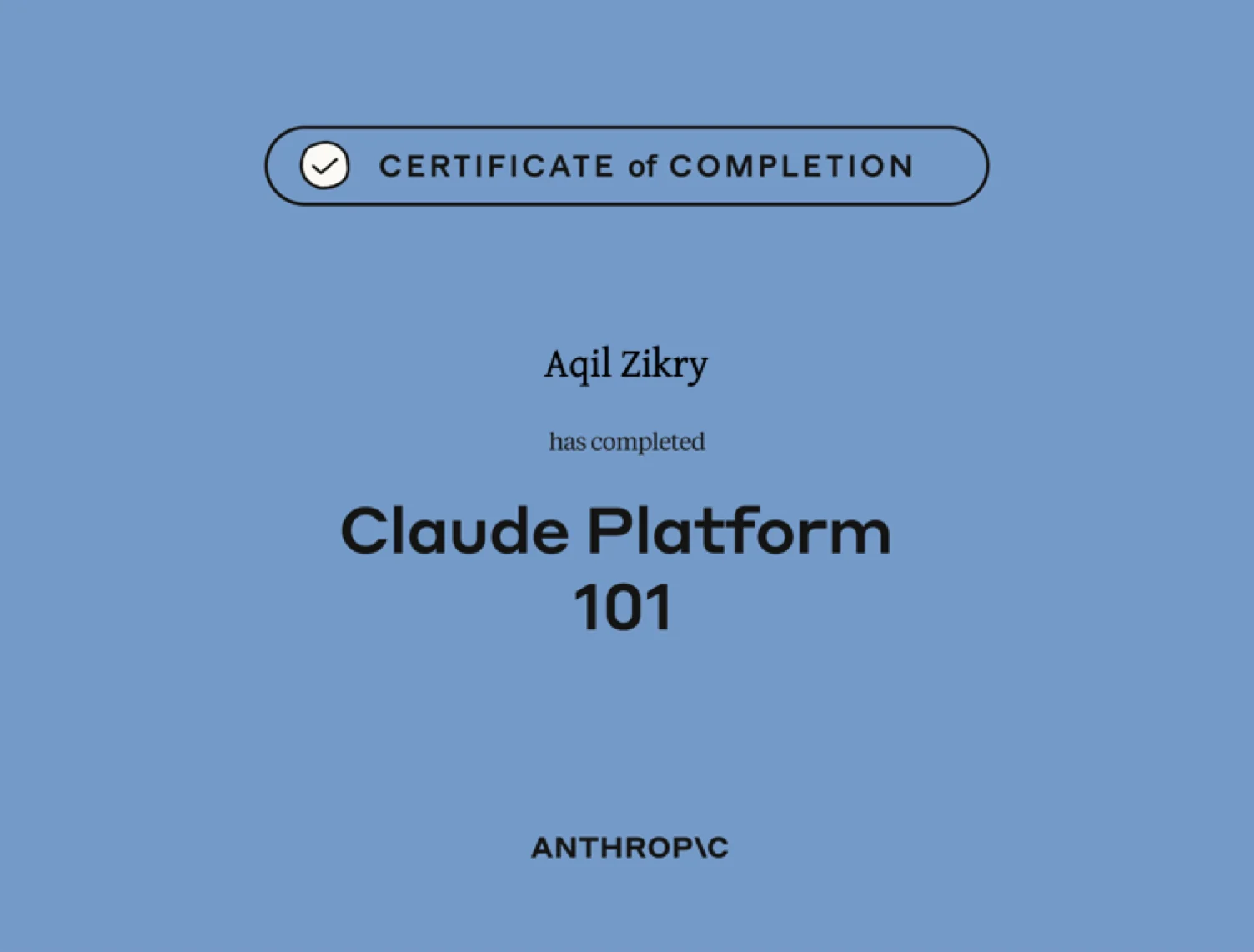 Claude Platform 101 certificate, issued by Anthropic