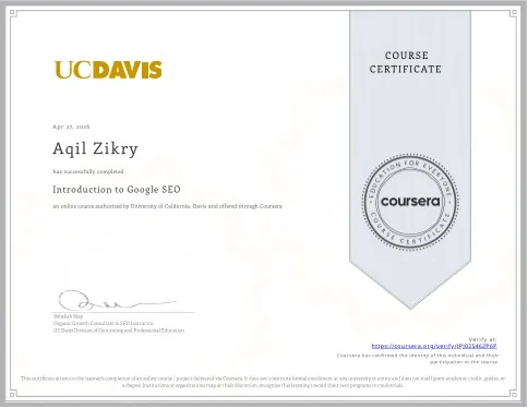 Introduction to Google SEO certificate, issued by UC Davis